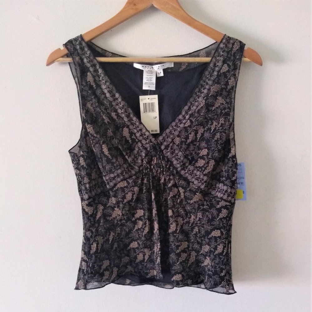 Max Studio Black & Tan Sleeveless V-neck Silk blouse top